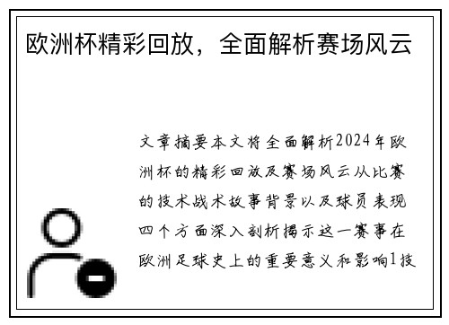 欧洲杯精彩回放，全面解析赛场风云